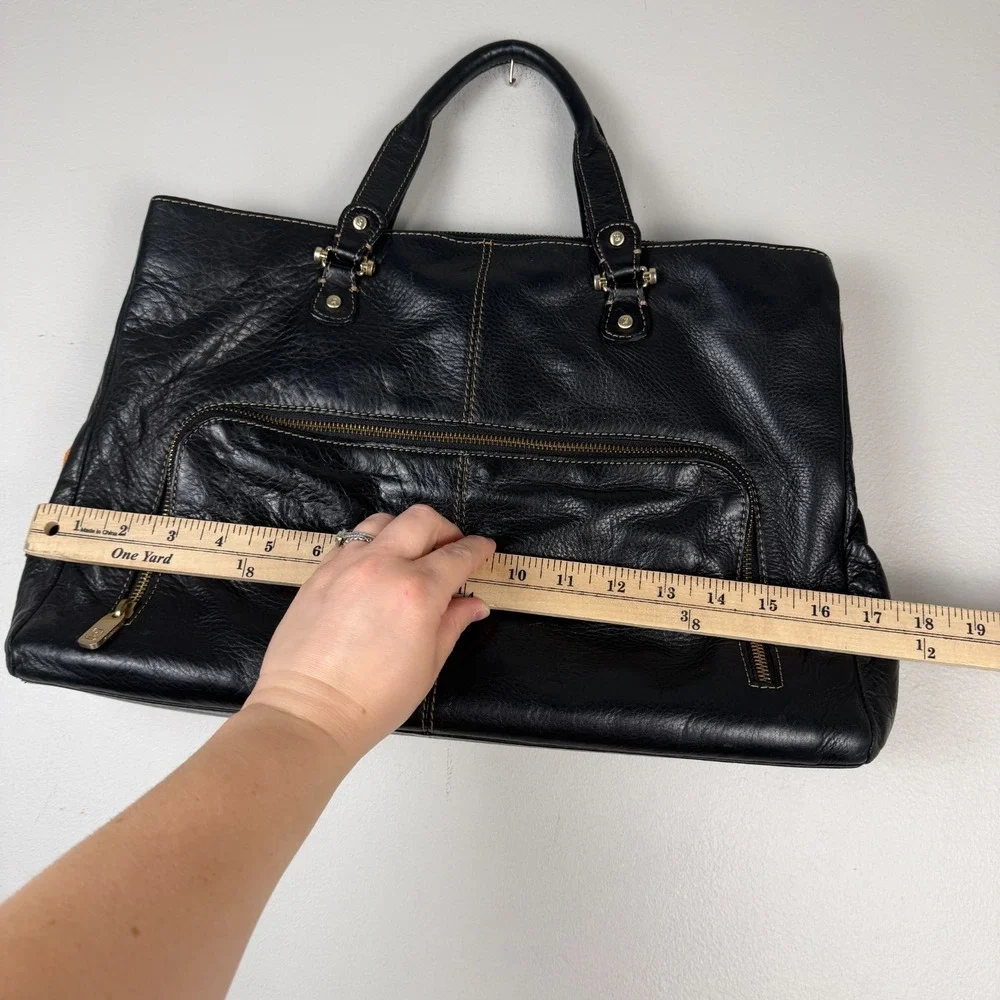 Liz Claiborne Briefcase Tote Bag Women's Black Leather Contrast Stitch Front Zip